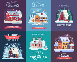 Christmas cards set with forest winter houses and homes on countryside background. Xmas congratulation postcards with snowy cottages and farmhouses on rural landscape in flat and cartoon style.