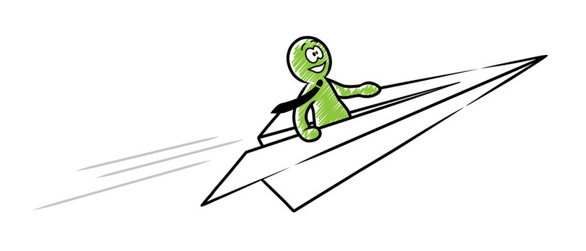 Ein grünes Strichmännchen mit Krawatte fliegt im Papierflieger aufwärts / gezeichnet, Vektor, freigestellt