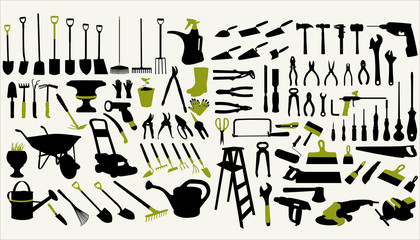 A collection of garden and construction tools on a white background