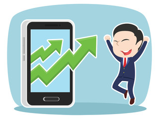 Asian businessman with rising graph out from smartphone– stock illustration