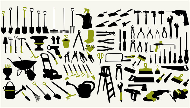 A Collection Of Garden And Construction Tools On A White Background