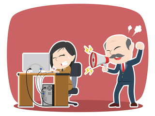 Asian boss yelling to his stressed female employee– stock illustration