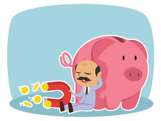Indian boss beside piggy bank holding coin magnet– stock illustration