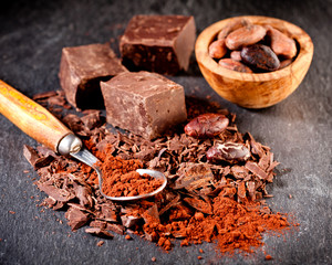 Cocoa beans, dark chocolate and cocoa powder