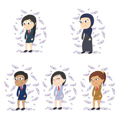 Tired businesswoman dont care about money different race set– stock illustration