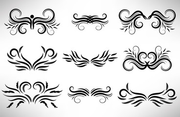 Abstract  black curly design element set isolated on white background. Dividers. Swirls. Vector illustration.