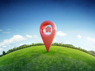 Tuinposter House symbol with location pin icon on earth and green grass in real estate sale or property investment concept, Buying new home for family - 3d illustration of big advertising sign © terng99