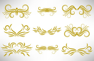 Abstract gold curly design element set isolated on white background. Dividers. Swirls. Vector illustration.