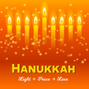 Happy Hanukkah greeting card, lights on dark. Hanukkah party poster template or social media banner 