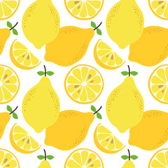 Cute hand drawn seamless pattern with lemon citrus fruit and slices isolated on white background