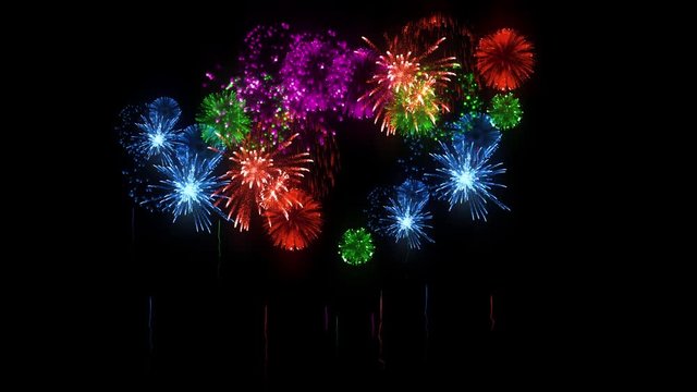 Multi colored fireworks as holidays background for New Year, Christmas or other celebration. 3d animation pyrotechnic light show. Firecrackers show are isolated on black for compositing.13