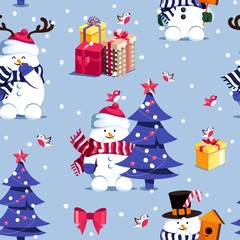 Winter seamless pattern with  cute snowmen christmas tree and gift boxes.  Merry Christmas and Happy New Year background. Vector illustration