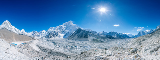 Snow mountain peaks. Panoramic view of Himalaya mountain. Way to Everest base camp, Khumbu valley,...