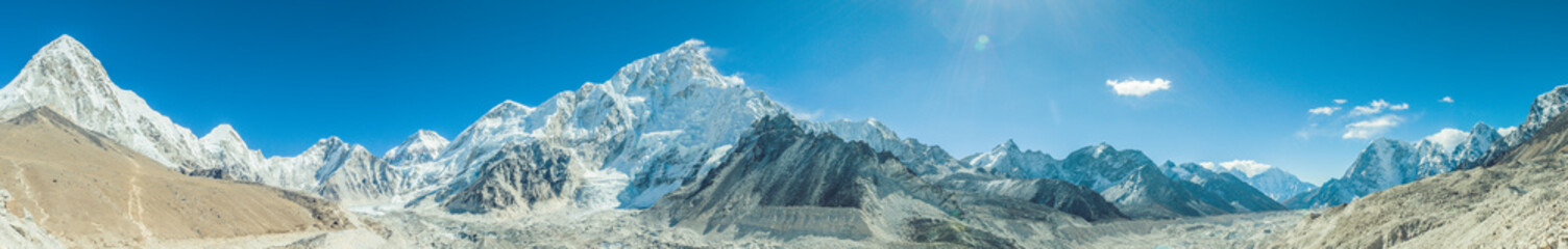 Snow mountain peaks. Panoramic view of Himalaya mountain. Way to Everest base camp, Khumbu valley,...