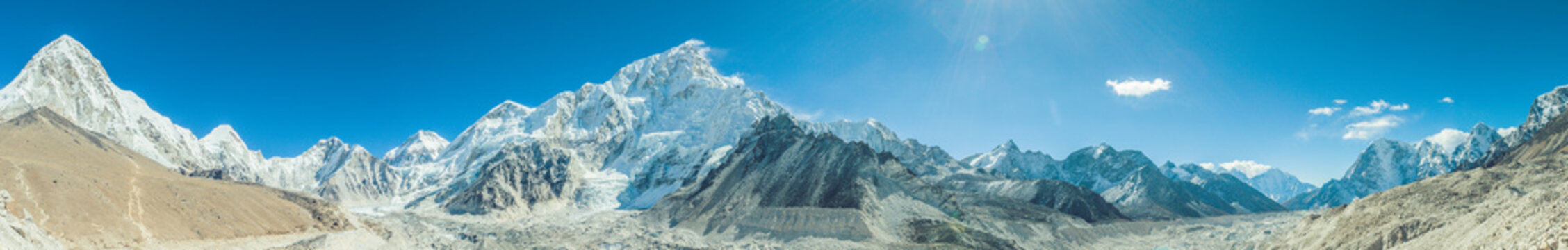 Snow mountain peaks. Panoramic view of Himalaya mountain. Way to Everest base camp, Khumbu valley, Sagarmatha national park.