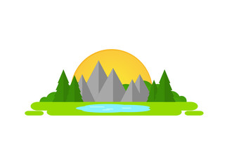 Icon of the island of wild nature: mountains, fir-tree, trees, lake 