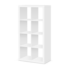 Shelves and shelving mockup isolated on white background. Floor showcase rack - half side view. Vector illustration