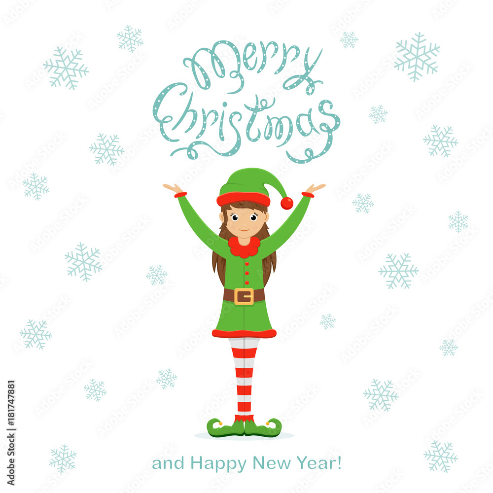 Wall mural Happy cute elf and snowflakes on a white Christmas background