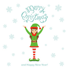 Happy cute elf and snowflakes on a white Christmas background