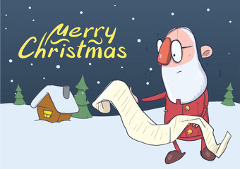 Fototapeta premium Christmas card of hatless Santa Claus in glasses reading a long scroll in the snowy night in front of a house and trees. Horizontal vector illustration. Cartoon character. Lettering. Copy space.