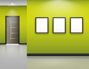 Living room interior with frames and closed door on green wall background