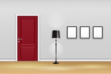 Living room interior with closed door, lamp, and empty frames on the wall