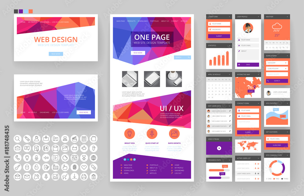 Wall mural website design template and interface elements