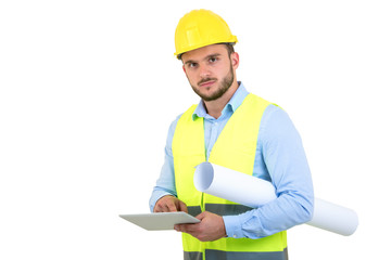 Handsome engineer working with a tablet pc, isolated on white