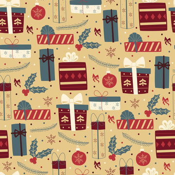 Cute Christmas Presents Seamless Pattern.
