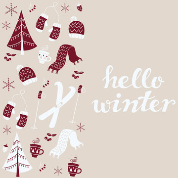 Hello Winter Text and Winter Background with Hand Drawn Winter Elements.
