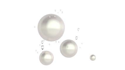  Pearls under clear water, white background.
