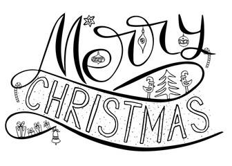 Merry Christmas card with brush calligraphy. New Year background with silhouette of bell, birds, christmas tree, toys  and hand draw lettering. Design element for seasonal posters.  Vector design..