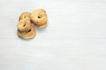 WINE DONUTS STACKED SMALL GROUP WHITE WOOD BACKGROUND