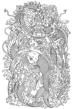 Chinese dragon and koi carp fish which is trying to reach the top of the waterfall. Coloring page outline vector illustration according to ancient Chinese and Japanese myth