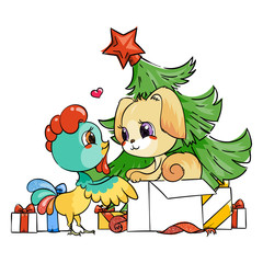 Funny cartoon card with dog and rooster. Symbols of 2017 and 2018. Happy New Year illustration