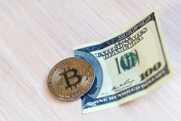 dollar banknote with new virtual money bitcoin 