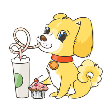 Golden dog drinks coffee or milk shake. Hand drawn illustration for New Year t-shirt, poster, postcard