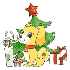 Naklejka premium Golden dog drinks coffee or milk shake. Hand drawn illustration for New Year t-shirt, poster, postcard