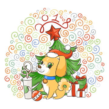 Golden dog drinks coffee or milk shake. Hand drawn illustration for New Year t-shirt, poster, postcard on patterned background
