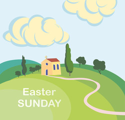 Naklejka premium Vector mountain Calvary with three crosses with sky and sun