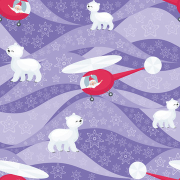Christmas seamless pattern with the image of Santa Claus and cute polar animals. Vector background.