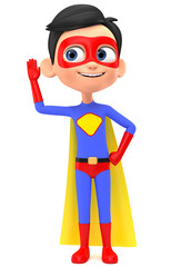 Boy superhero eavesdrops on a white background. 3d render illustration.