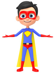Boy superhero spread his arms on a white background. 3d render illustration.