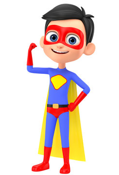 Boy superhero shows muscles on a white background. 3d render illustration.