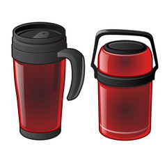 Set of hot mug and thermos. Convenient things for busy person or tourist. Vector illustration isolated on white background