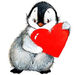 Valentine day. cute penguin and red heart . watercolor drawing © Елена Фаенкова