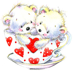 Cute teddy bear. Love you card. Valentines day watercolor background.