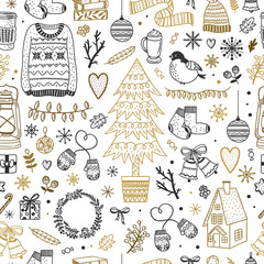 Cute Christmas pattern. Seamless background with winter elements, New Year and Christmas doodles