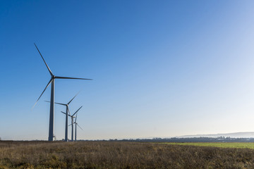 Four wind turbines in a field on a bright sunny day