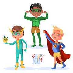 Set of cute, cartoon superhero (super) boys characters. Boy in green costume with muscles, boy in green costume with energy sign and energy magic ball, boy in the blue blouse with star and red cloak